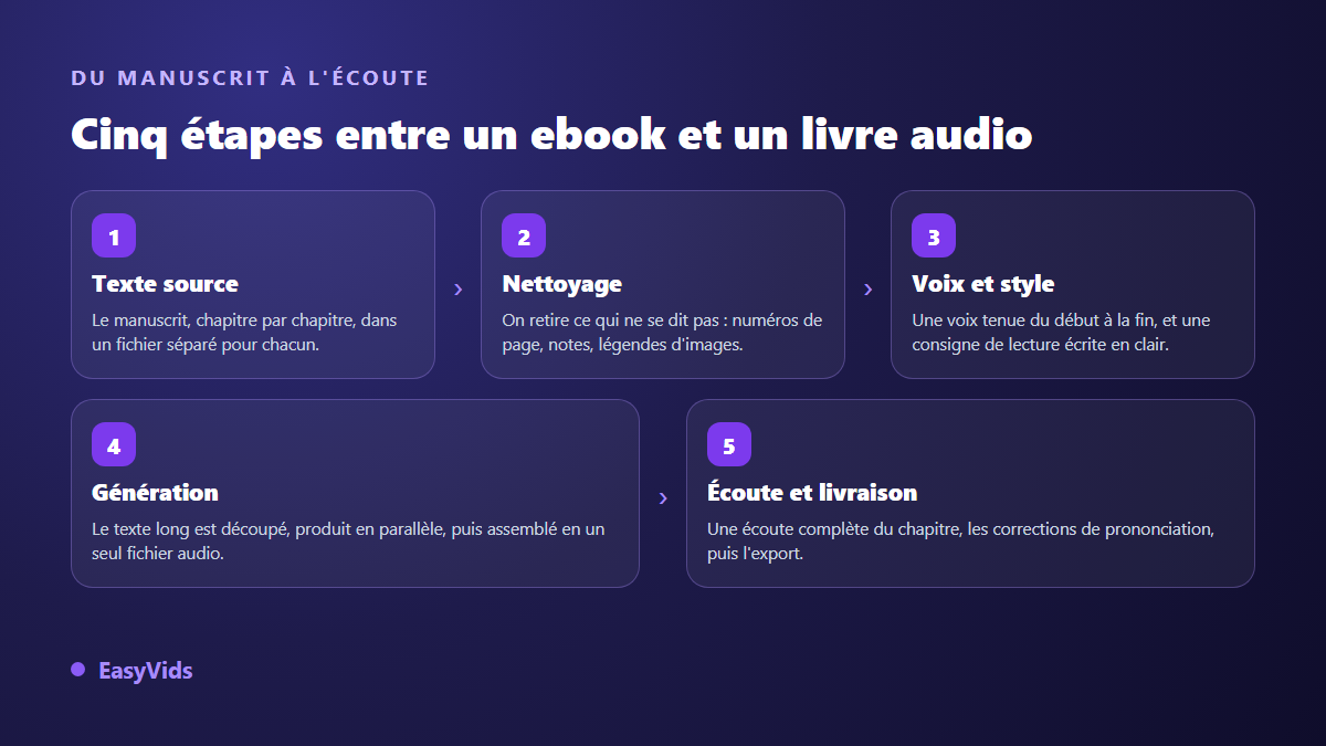 Les cinq étapes pour transformer un ebook en livre audio IA : texte source, nettoyage, voix et style, génération, écoute de contrôle