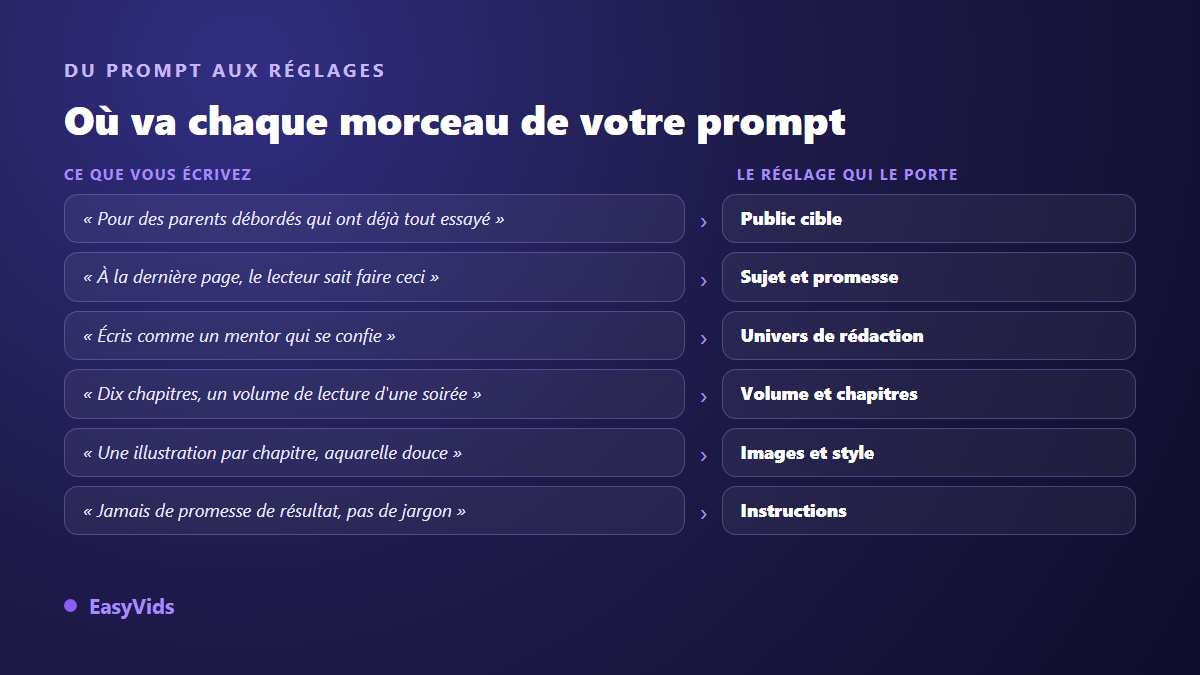 Correspondance entre les phrases d'un prompt de livre et les réglages d'un atelier d'écriture IA