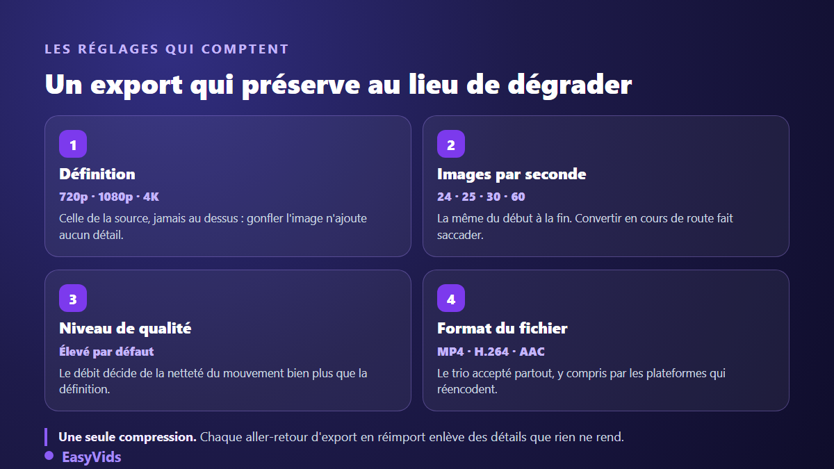 Les quatre réglages d'export vidéo qui préservent la qualité : définition, images par seconde, niveau de qualité et format de fichier