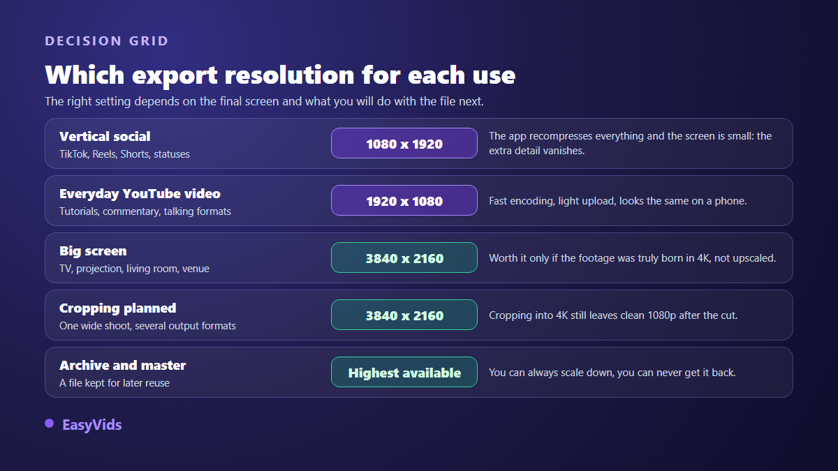 Decision grid for video resolution by use case: vertical social, YouTube, large screen, reframing, archive