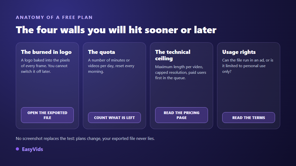 The four limits of a free AI video generator plan: burned in watermark, daily quota, technical ceiling and usage rights