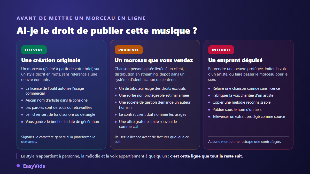 Grille de décision pour savoir si une musique générée par IA peut être publiée, vendue ou doit être écartée