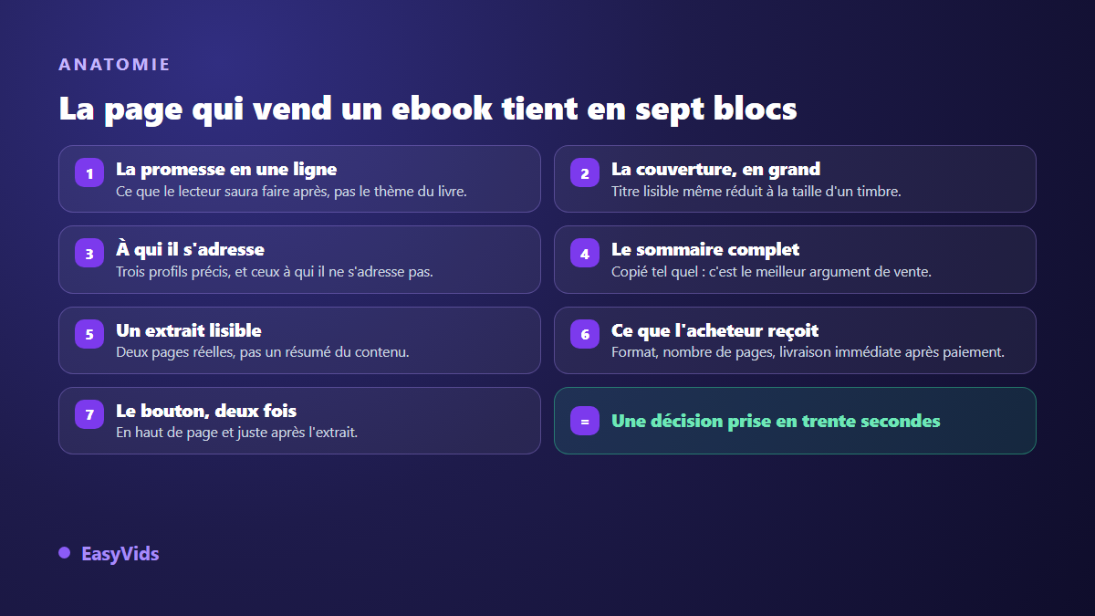 Anatomie d'une page de vente d'ebook en sept blocs : promesse, couverture, public visé, sommaire, extrait, contenu de la livraison et bouton d'achat