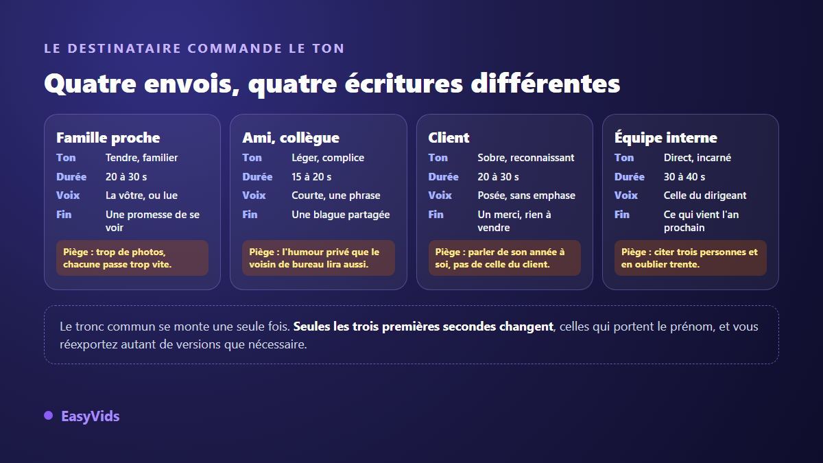 Quatre profils de destinataires pour une vidéo de vœux : famille, ami, client et équipe interne, avec le ton et la durée adaptés