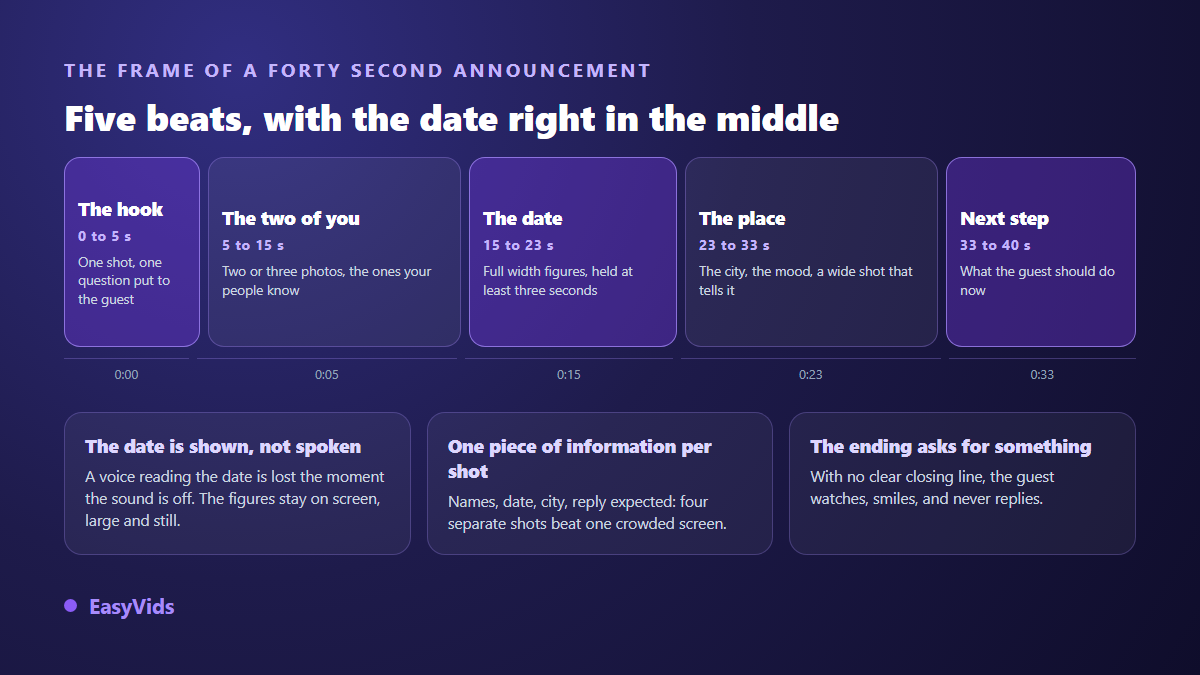 Five beat structure of a save the date video with the date placed in the middle rather than at the end