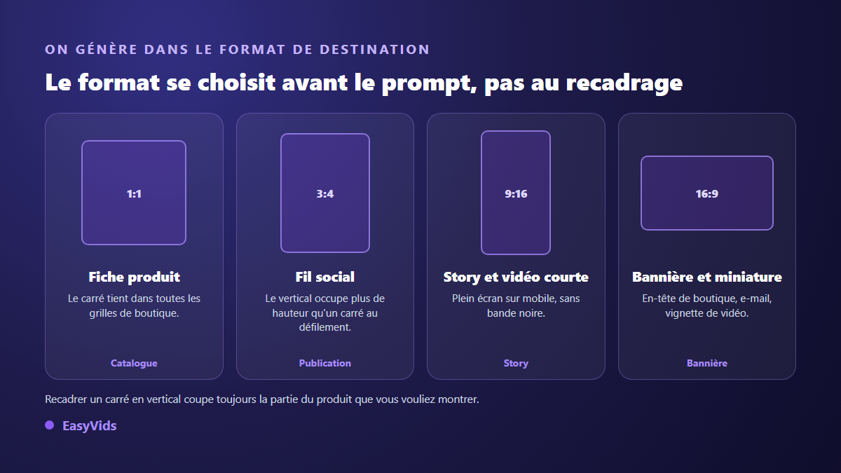 Formats de visuels produit selon leur destination : carré pour la fiche, vertical pour le fil social et la story, horizontal pour la bannière