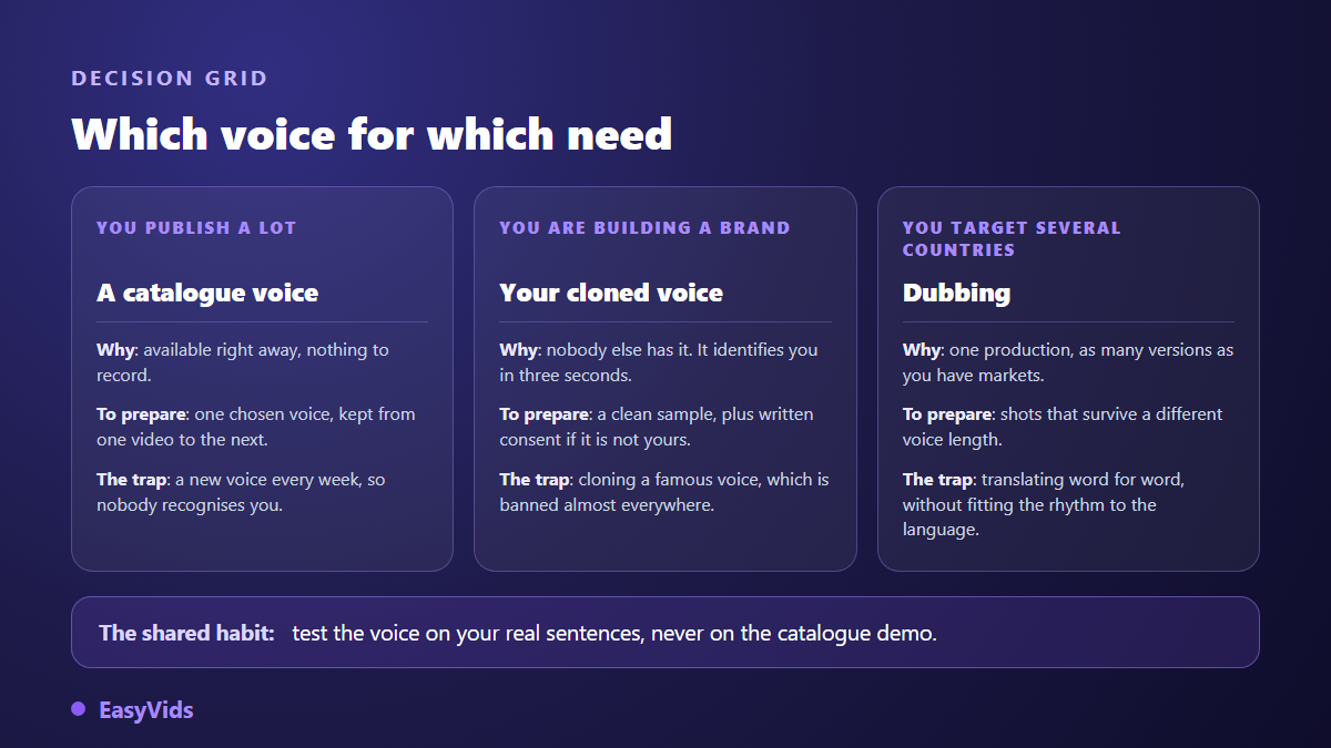 Decision grid for choosing an AI voice: stock voice, cloned brand voice or multilingual dubbing