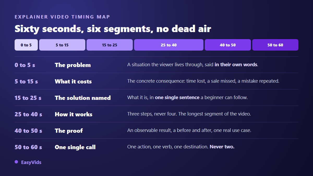 Explainer video timing map showing the six segments of a 60 second script and what each one contains