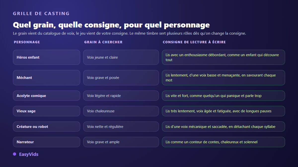 Grille de casting de voix IA : le grain à chercher et la consigne de lecture à écrire pour six types de personnages