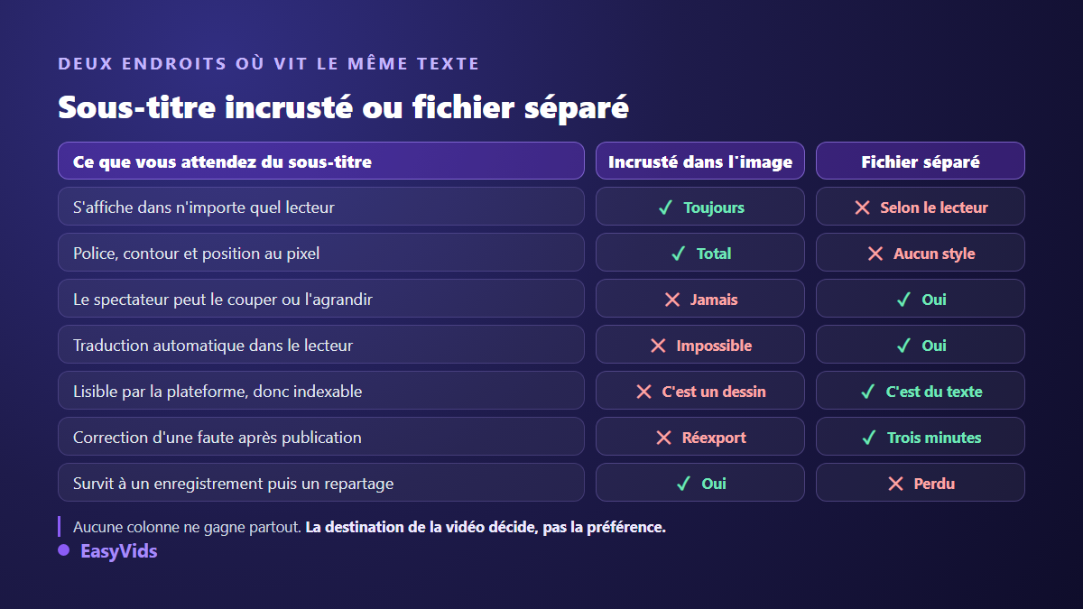 Comparaison entre sous-titres incrustés dans l'image et fichier de sous-titres séparé, critère par critère