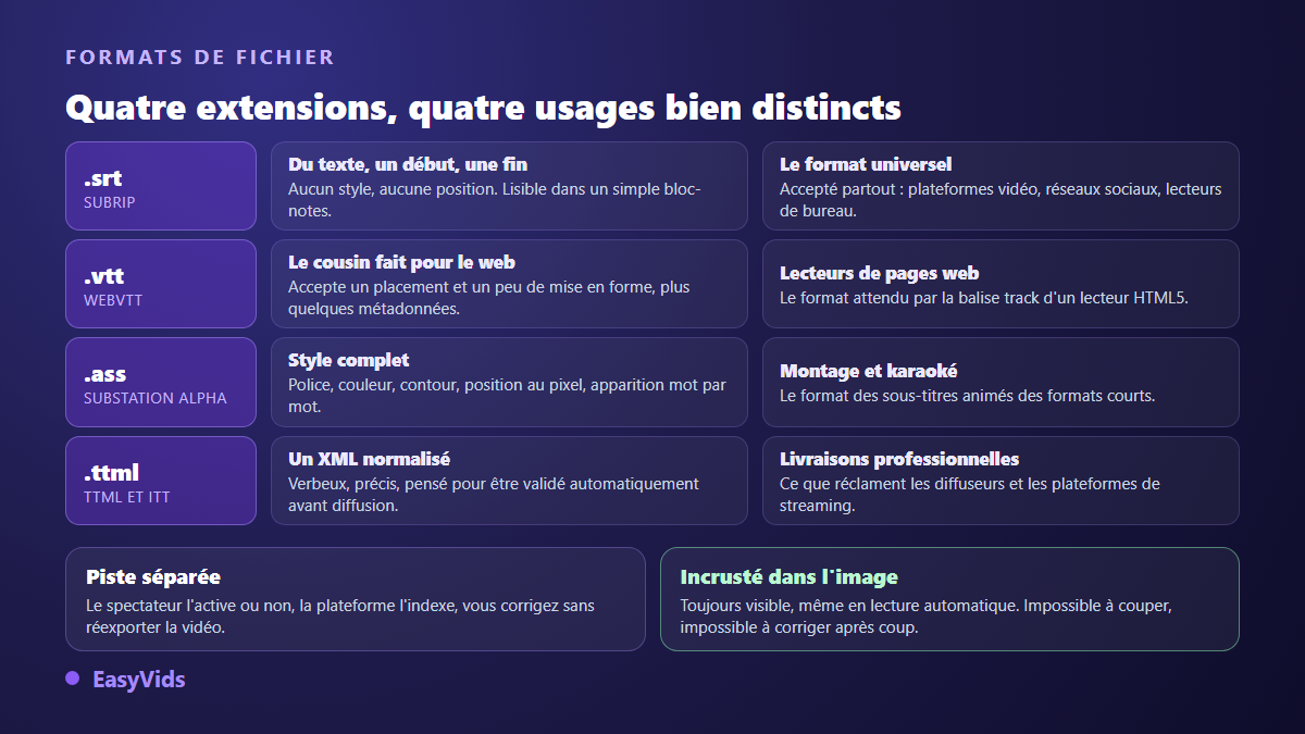 Les formats de fichier de sous-titres SRT, WebVTT, ASS et TTML, leurs usages, et le choix entre piste séparée et sous-titres incrustés
