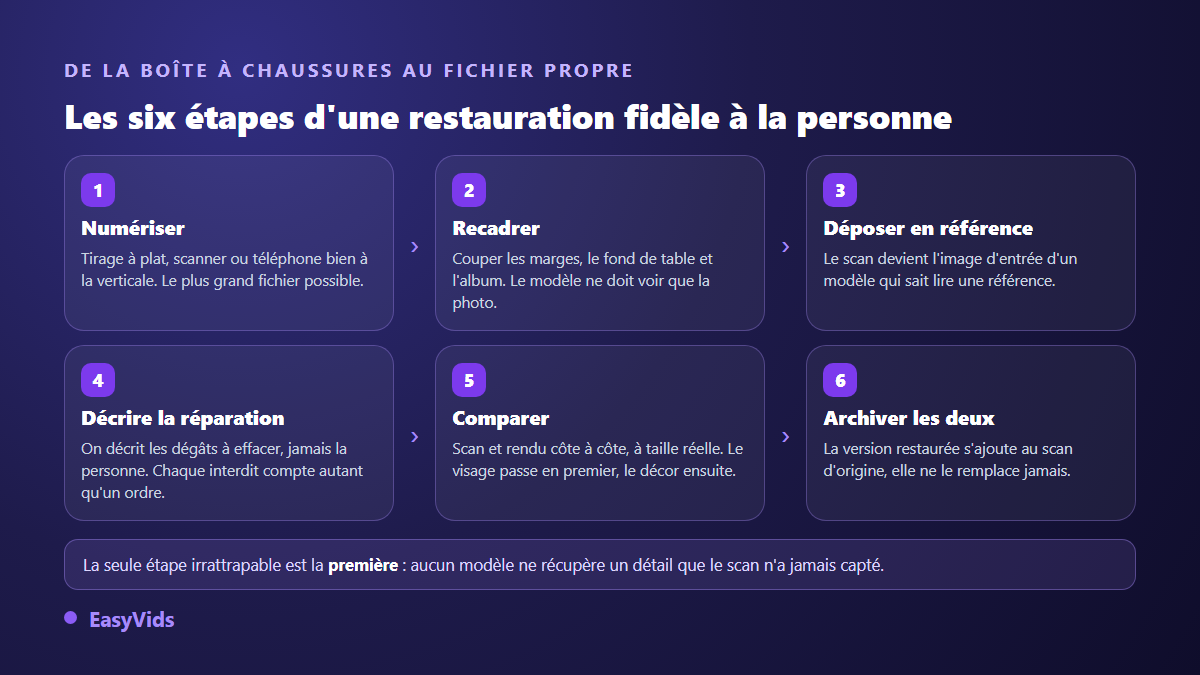 Les six étapes pour restaurer une photo ancienne avec l'IA : numériser, recadrer, déposer en référence, décrire la réparation, comparer, archiver