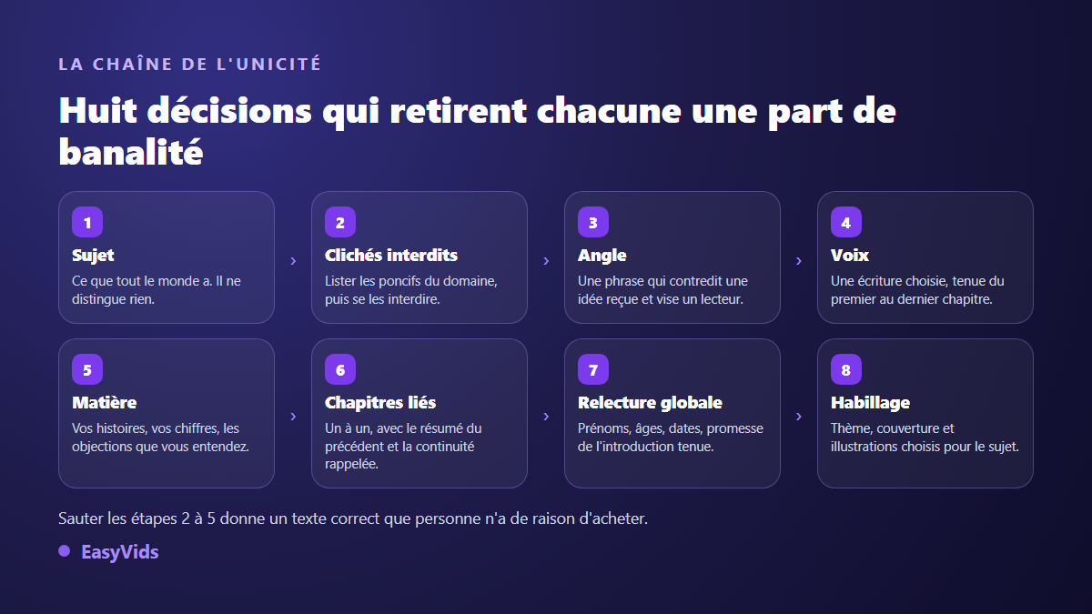 Les huit décisions qui rendent unique un ebook généré par IA, de l'angle à l'habillage visuel