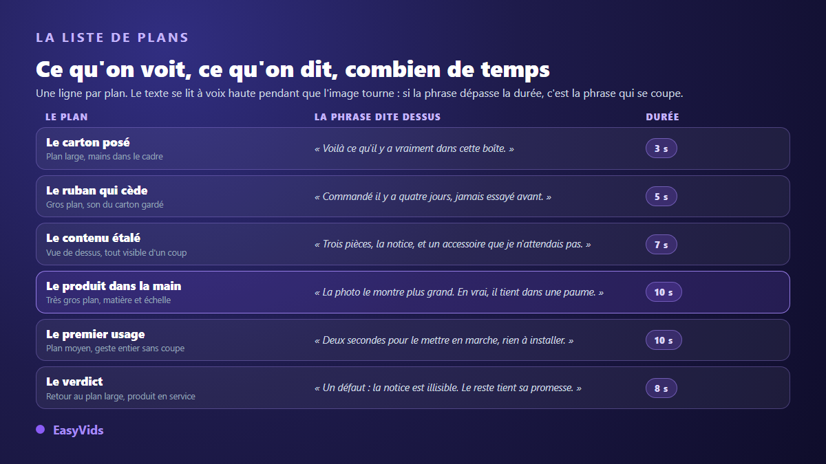 Liste de plans d'une vidéo de déballage produit : cadrage, phrase de voix off et durée pour chacun des six plans