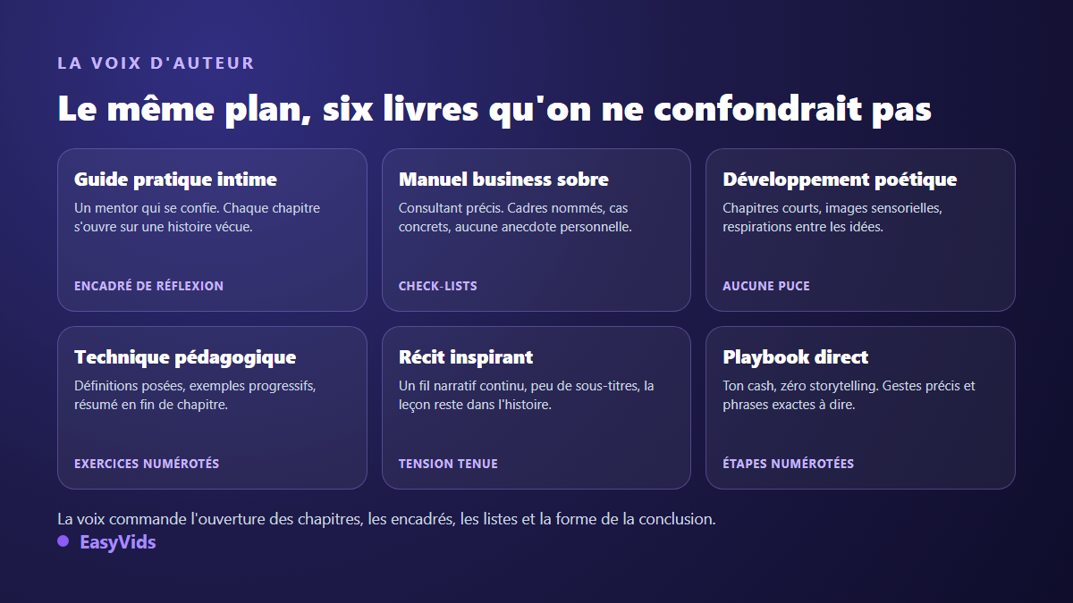 Six voix d'auteur possibles pour un ebook généré par IA, du guide pratique intime au playbook direct