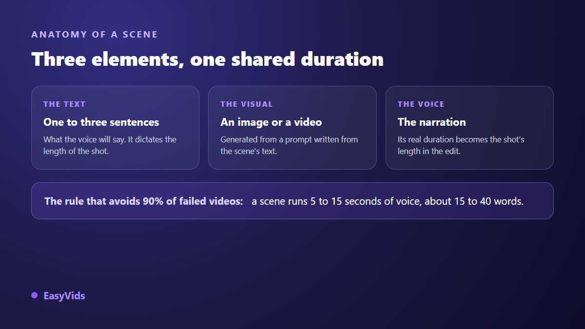 Anatomy of a video scene: text, visual and voice, with the voice duration setting the length of the shot