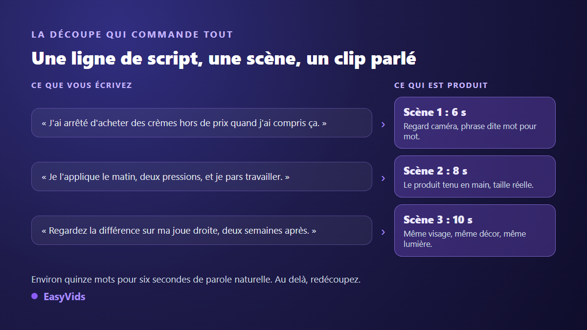 Découpe d'un script UGC en scènes de six à dix secondes, chaque réplique donnant un clip parlé