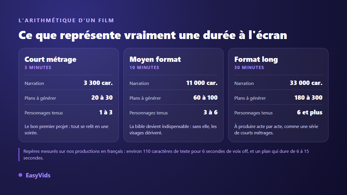 Nombre de plans et volume de narration pour un film IA de 3, 10 ou 30 minutes