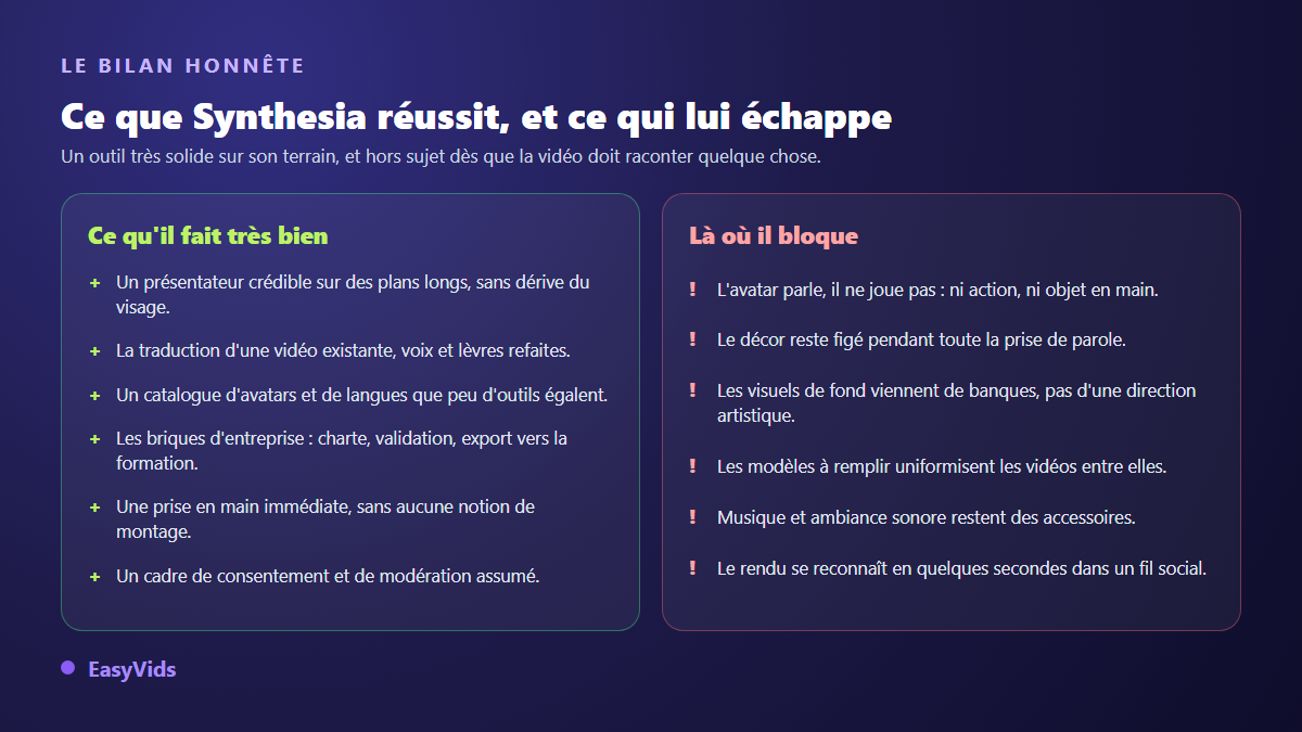 Forces et limites de Synthesia, outil de vidéo IA par avatar, présentées en deux colonnes