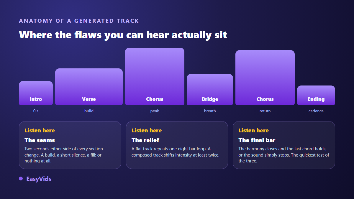 Anatomy of an AI generated track: intro, verse, chorus, bridge, ending, with the three places where flaws can be heard