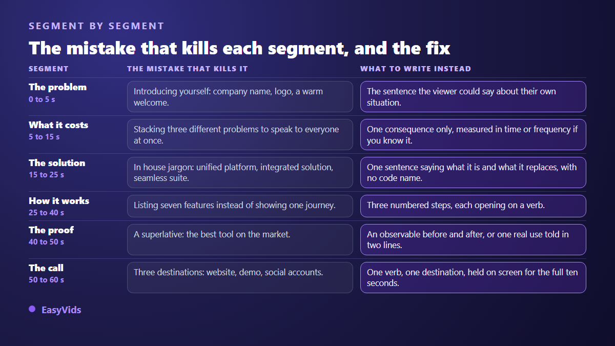 Table of the six explainer video segments with the mistake that kills each one and the fix to write instead