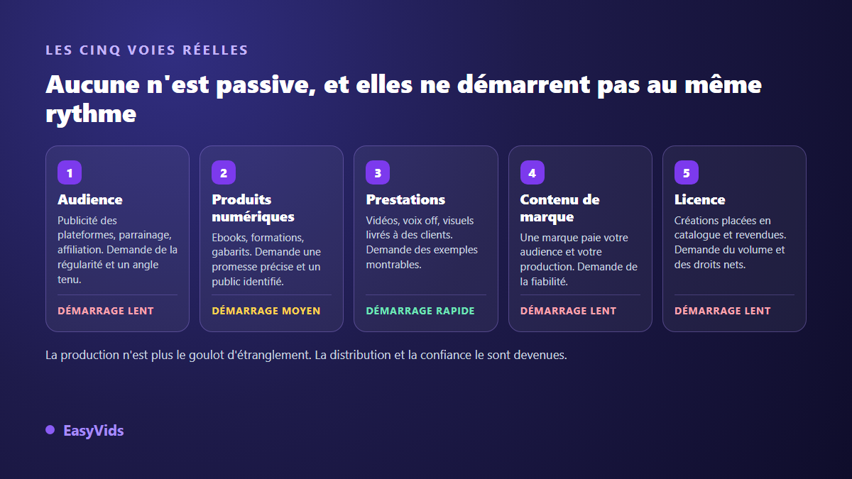 Les cinq voies pour monétiser des créations IA : audience, produits numériques, prestations, contenu de marque et licence, avec leur vitesse de démarrage