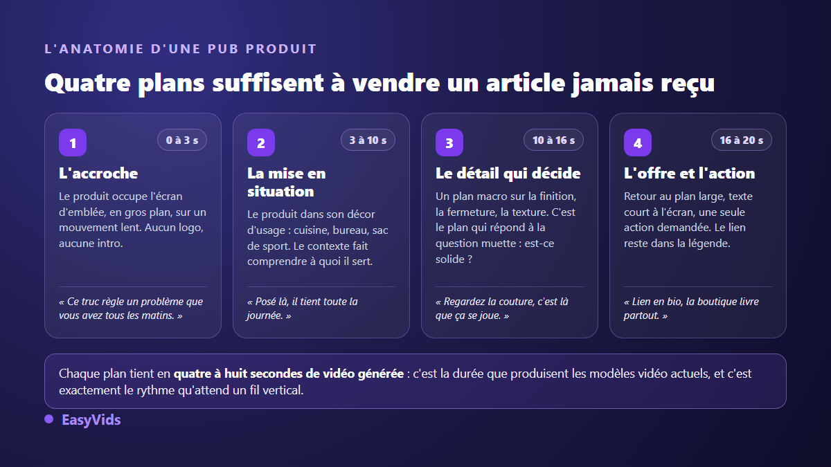 Anatomie d'une publicité produit en dropshipping : accroche, mise en situation, plan de détail et appel à l'action, avec la durée de chaque plan