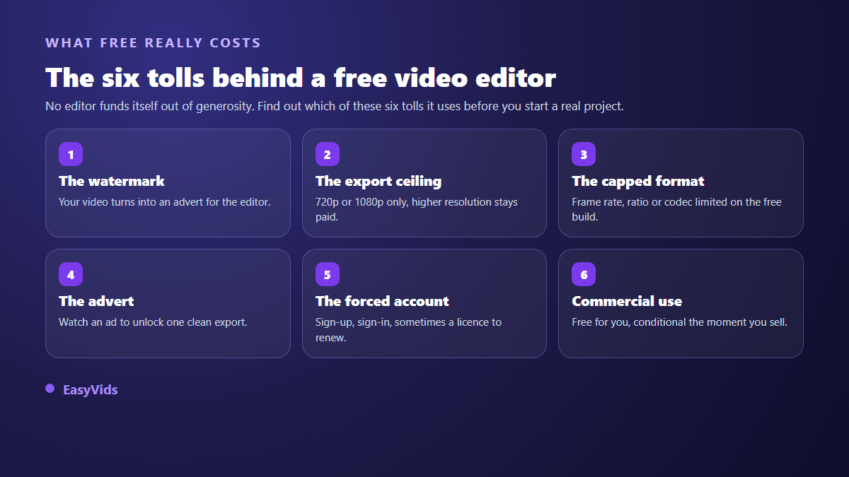 The six hidden limits of a free video editor: watermark, export ceiling, capped format, advert, forced account and restricted commercial use