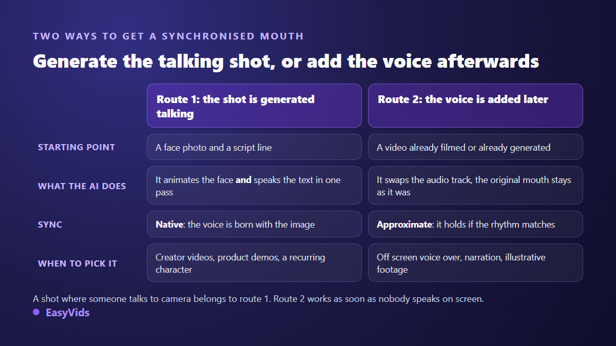 Comparison of the two AI lip sync methods: generating a talking shot or adding a voice over to an existing video