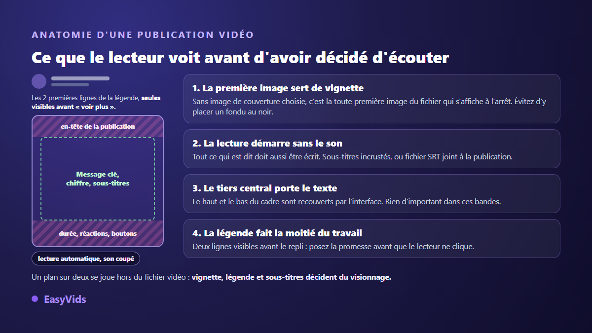 Anatomie d'une publication vidéo LinkedIn : vignette, légende repliée, zone de texte et sous-titres