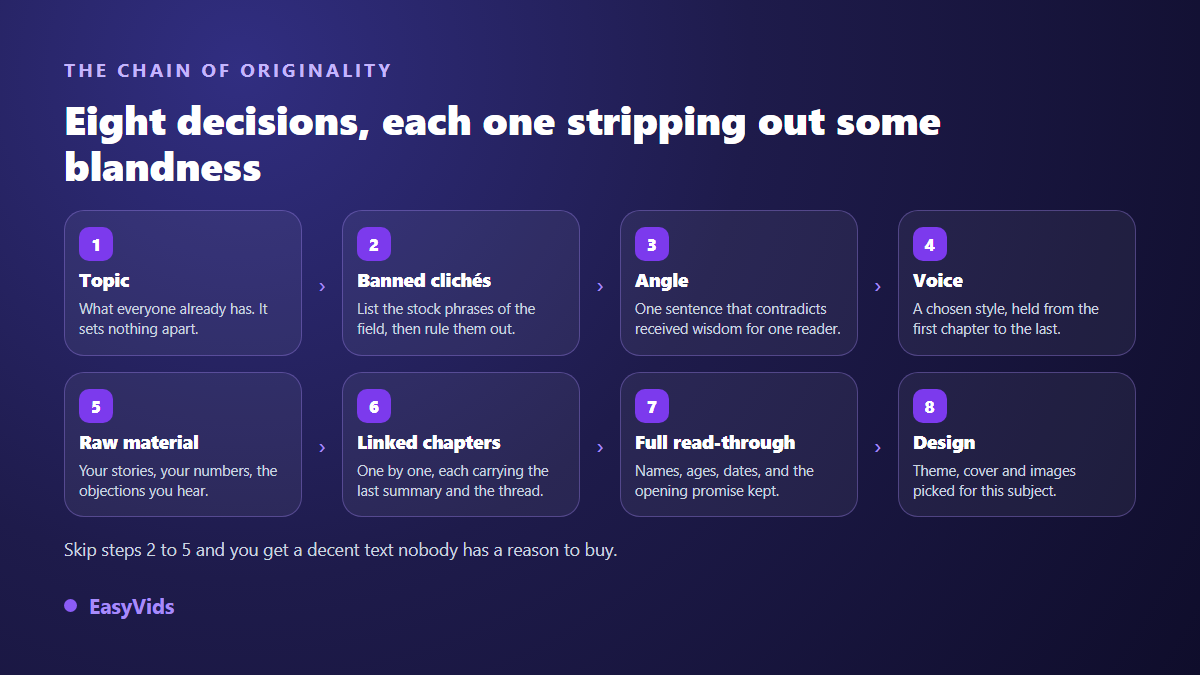 The eight decisions that make an AI generated ebook unique, from the angle to the visual styling