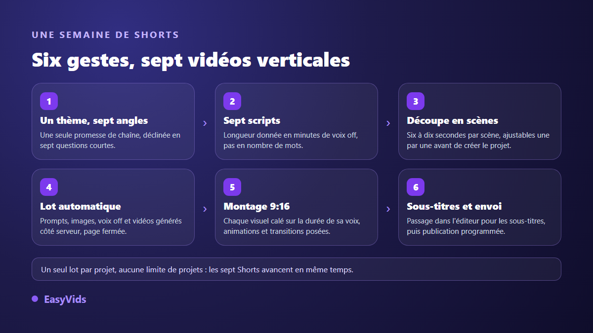 Chaîne de production hebdomadaire de sept Shorts avec l'IA : thème, scripts, découpage en scènes, lot automatique, montage vertical et sous-titres