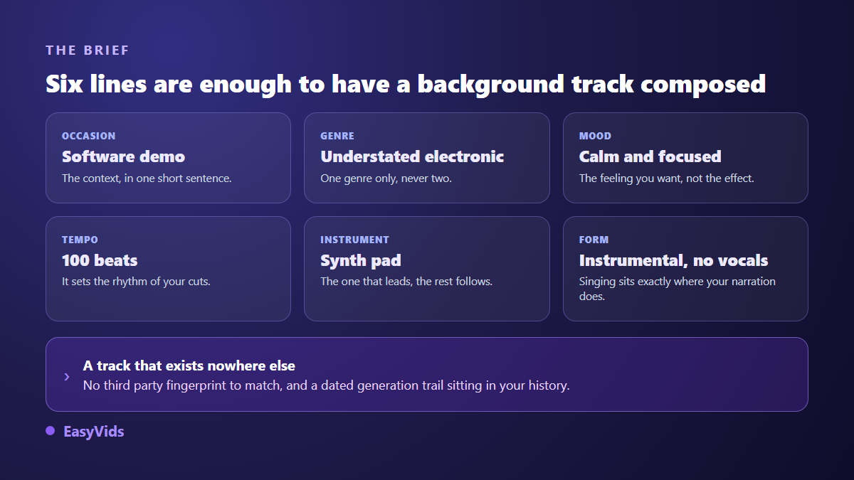 Anatomy of a background music brief: occasion, genre, mood, tempo, lead instrument and instrumental form