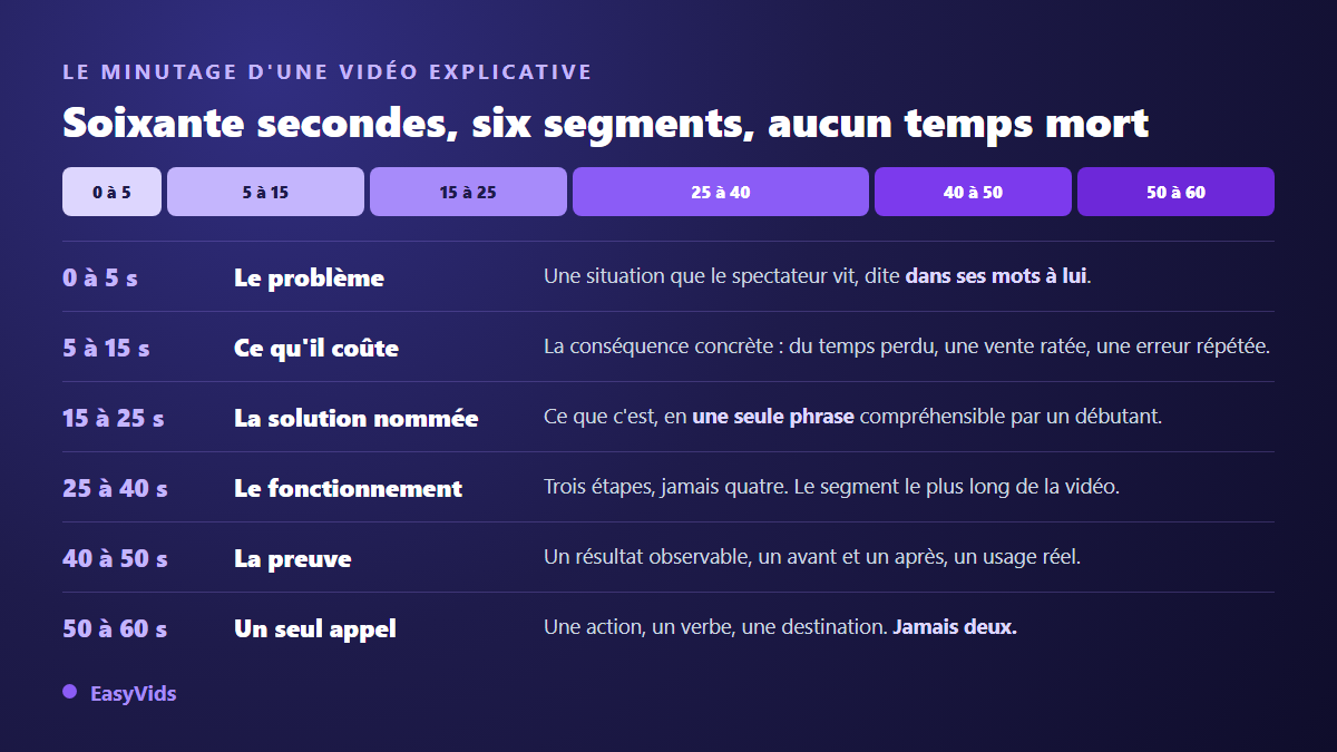 Le minutage d'une vidéo explicative de 60 secondes découpé en six segments avec le contenu attendu de chacun