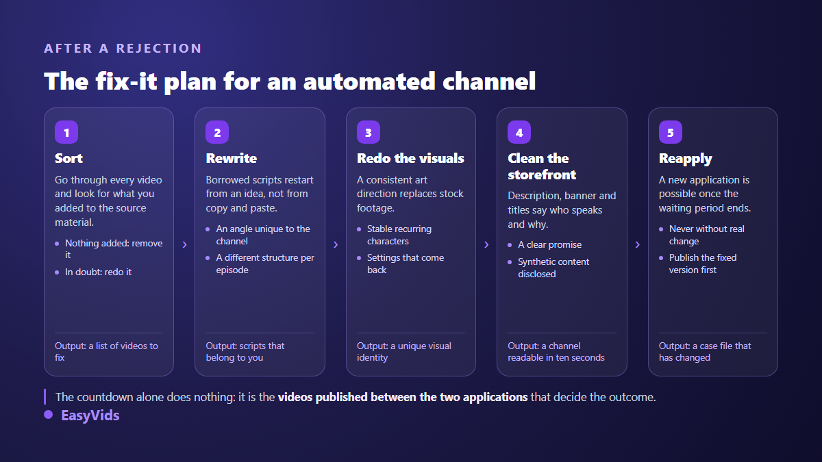 Five step recovery plan for an automated YouTube channel rejected for reused content