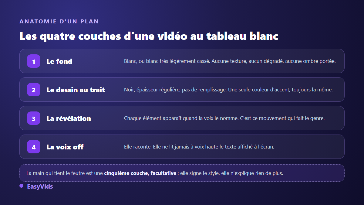 Anatomie d'une vidéo whiteboard : le fond blanc, le dessin au trait noir, la révélation progressive et la voix off
