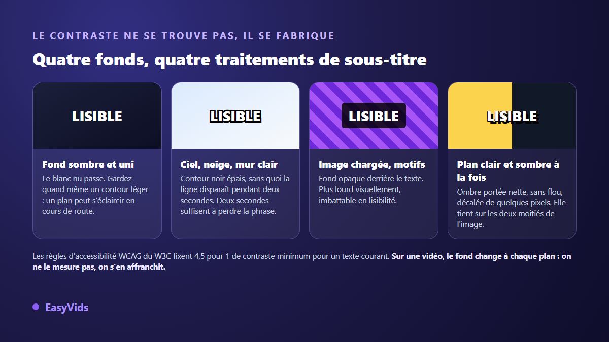 Quatre types de fond vidéo et le traitement de sous-titre adapté à chacun : blanc simple, contour noir, fond opaque, ombre portée nette