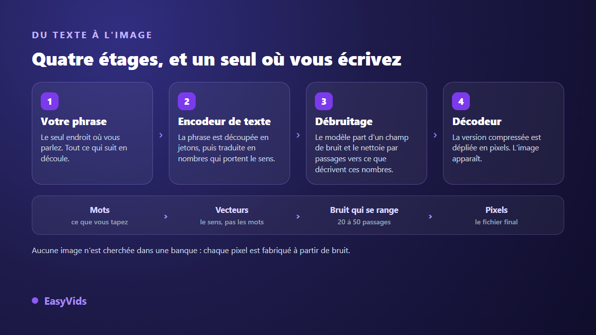 Les quatre étages d'une génération texte en image IA : la phrase, l'encodeur de texte, le débruitage et le décodeur