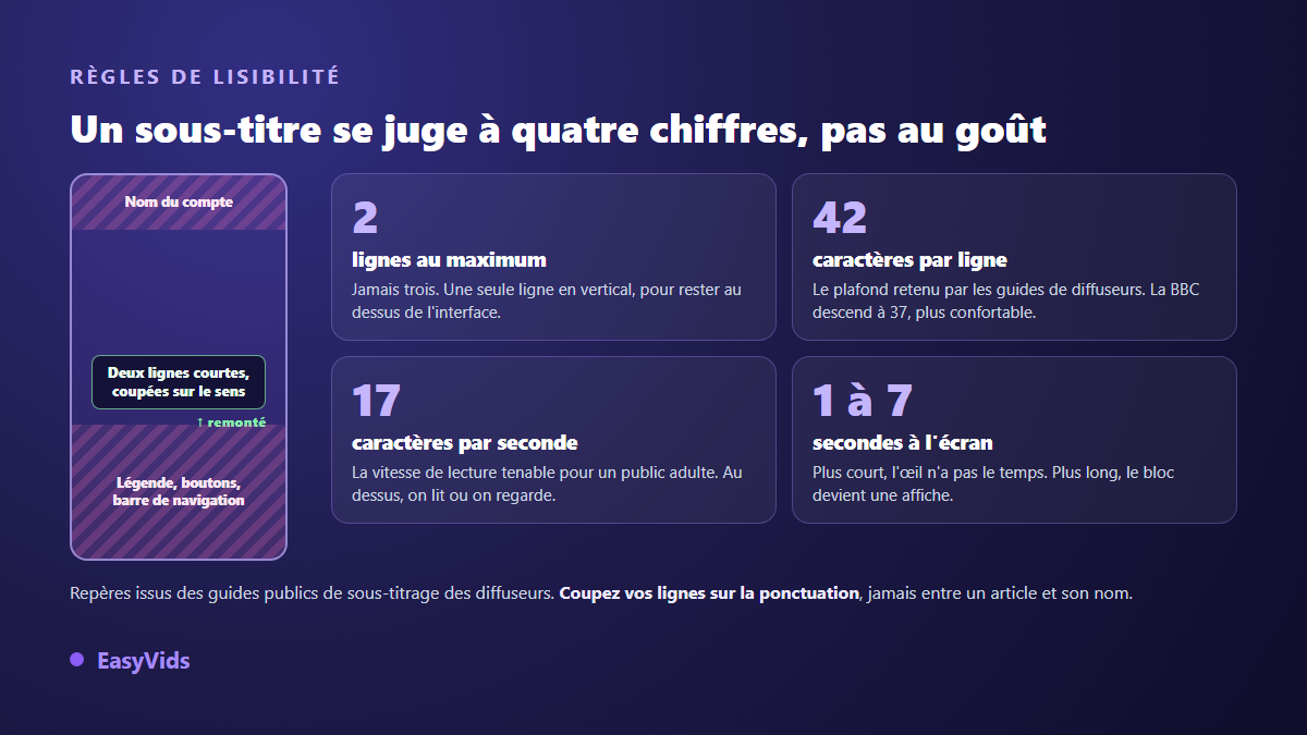 Règles de lisibilité des sous-titres : deux lignes maximum, 42 caractères par ligne, 17 caractères par seconde, 1 à 7 secondes à l'écran