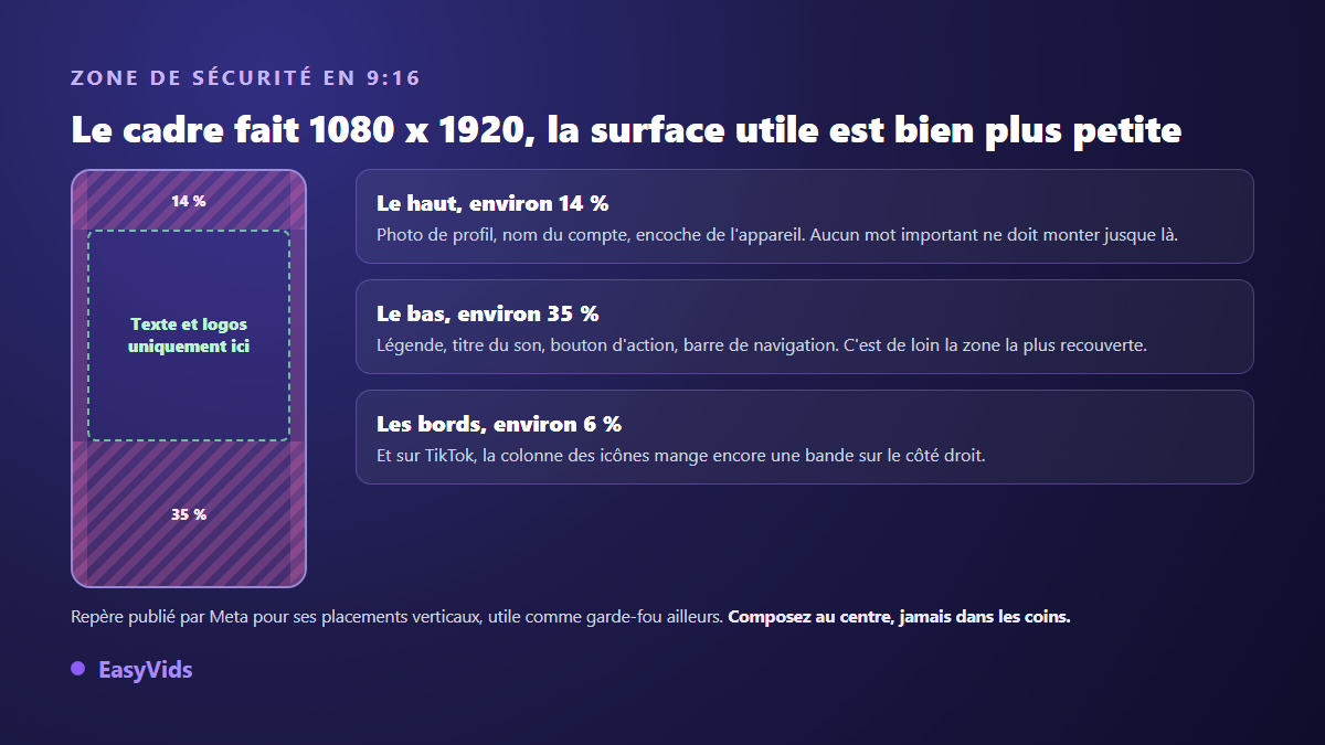 Zone de sécurité d'une vidéo verticale 9:16 : bandes réservées en haut, en bas et sur les côtés du cadre 1080 x 1920