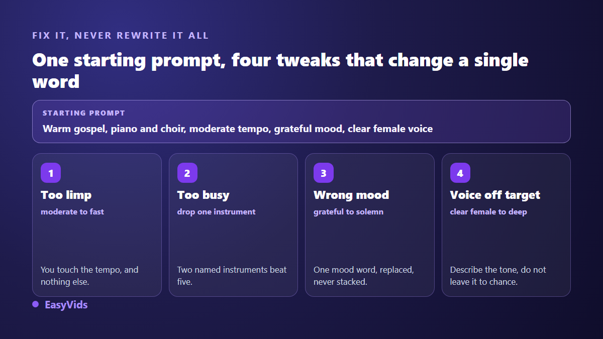 How to fix an AI music prompt: one base prompt and four variations that each change a single word