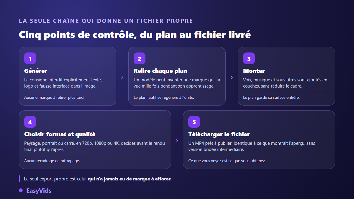 Chaîne d'export d'une vidéo IA sans filigrane en cinq points de contrôle, de la génération au fichier téléchargé