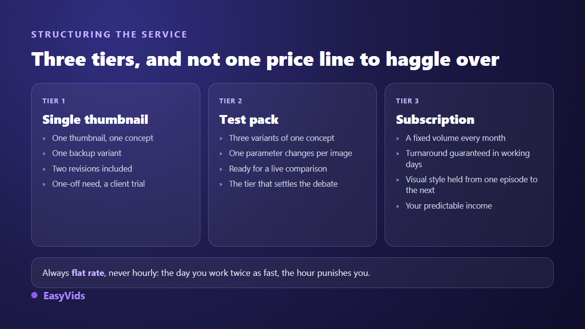 Three service tiers for selling YouTube thumbnails: single order, pack of variants to test, monthly retainer