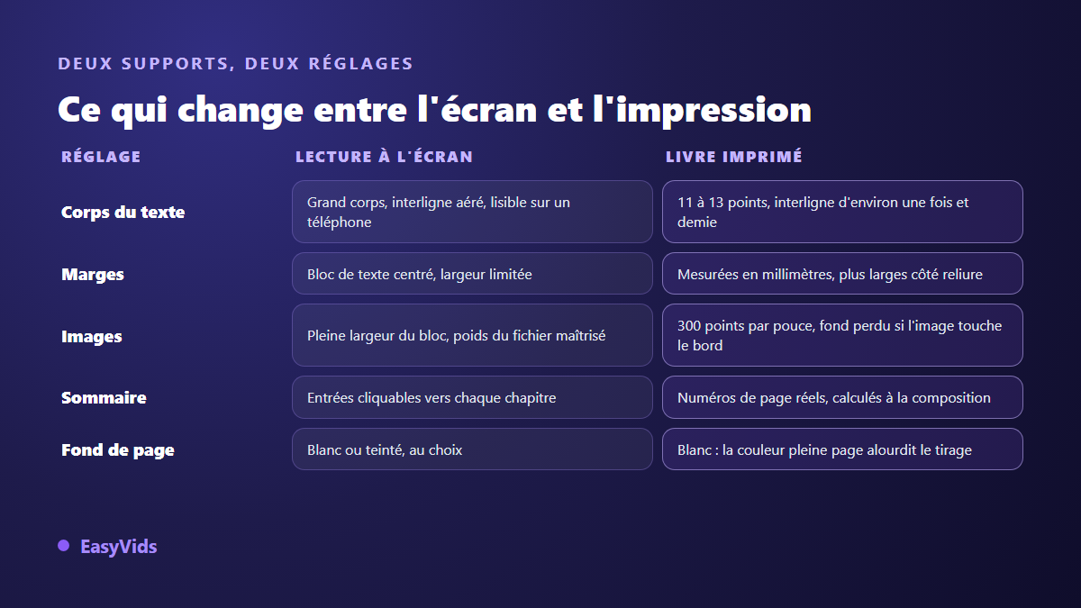 Réglages de mise en page d'un ebook comparés pour la lecture à l'écran et pour l'impression papier