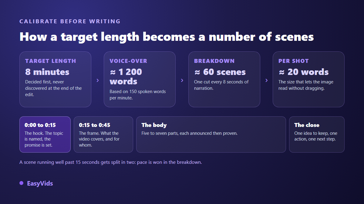 Calibrating a long form AI YouTube video: target length, voice over word count, number of scenes and narration structure