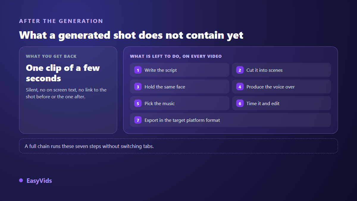 What is left to do after an AI generated shot: script, scenes, voice over, music, editing and export format
