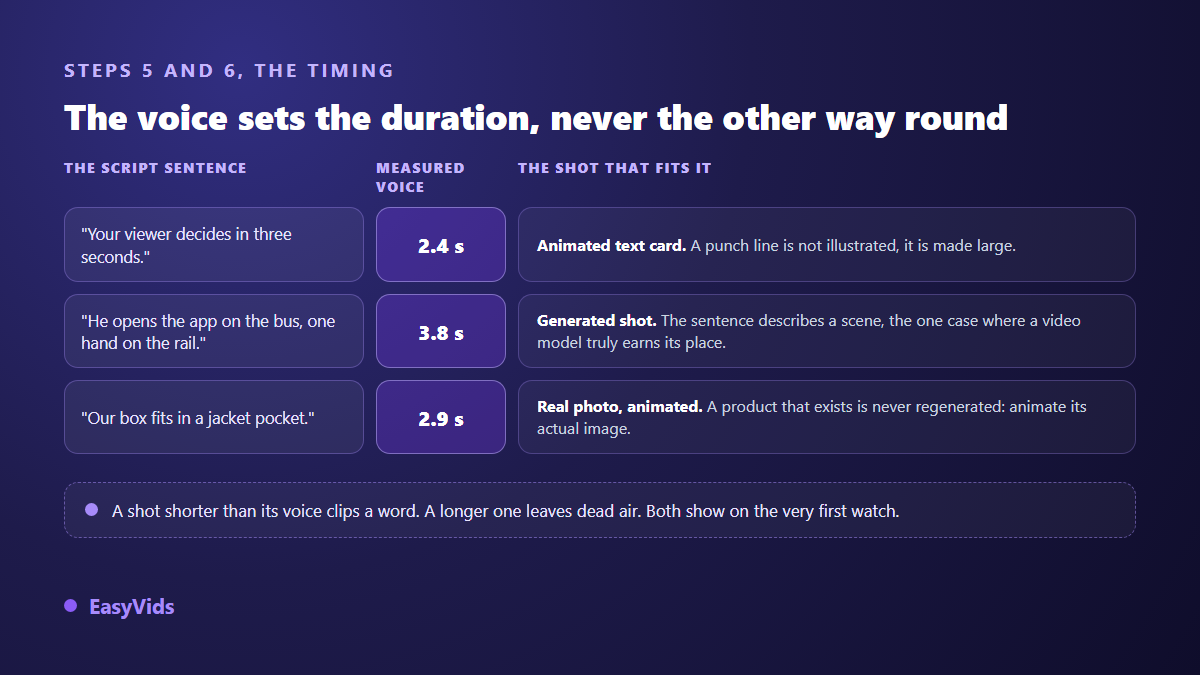 Decision grid matching each type of script line with its measured voice duration and the right visual