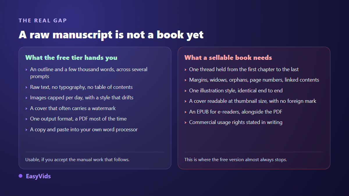 Comparison between what a free AI book generator delivers and what a sellable ebook requires