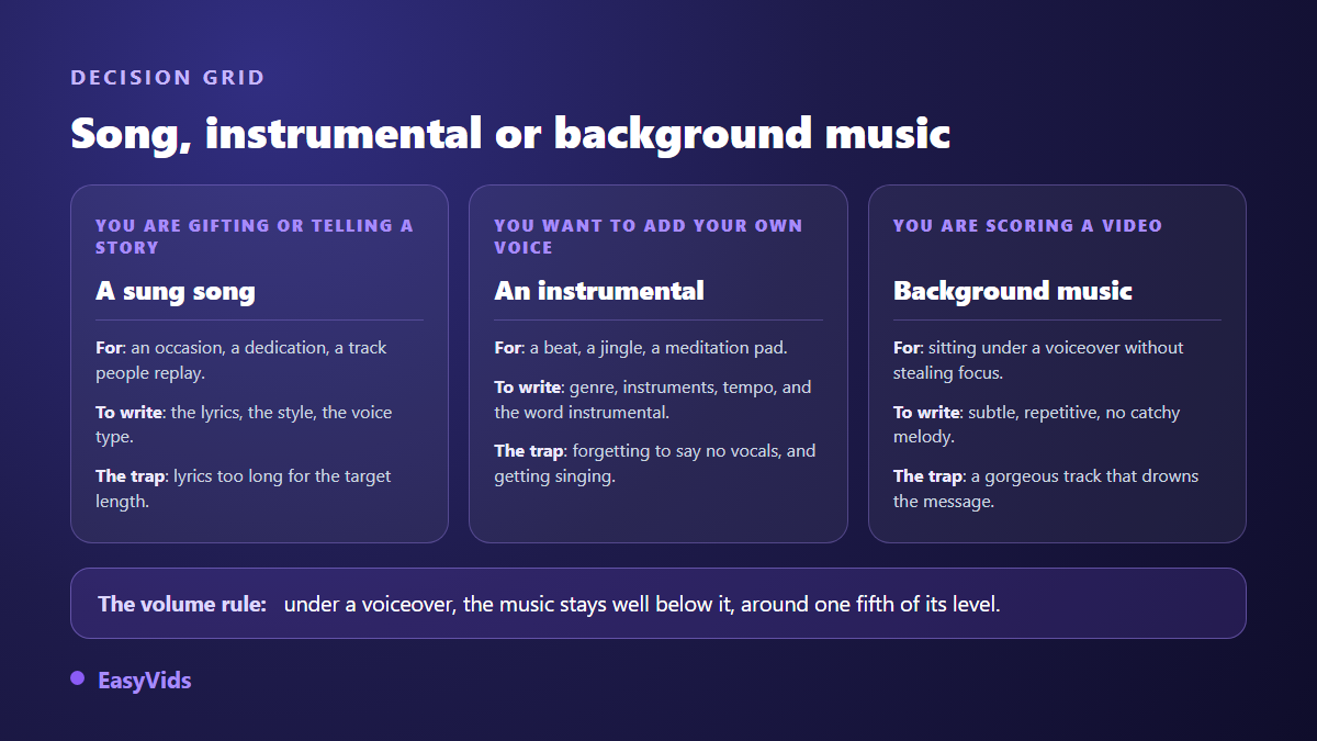 Decision grid between a sung song, an instrumental and background music for video
