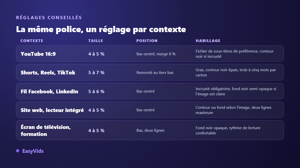 Réglages de sous-titres conseillés par plateforme : taille, position et habillage pour YouTube, les formats verticaux et la télévision